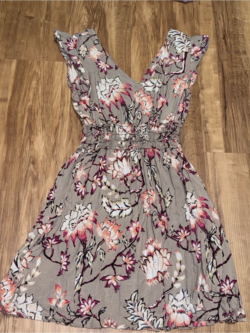 Romantic Gypsy Taupe Floral V-Neck Smocked Waist Rayon Dress Size Small